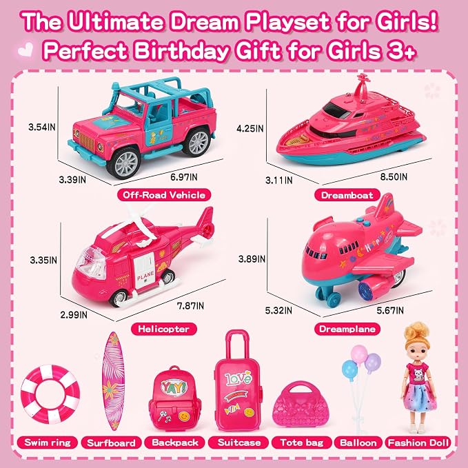 Pink Dream Travel Vehicles Playset Toys for Girls Age 3-6, Fashion Doll with Interactive Off-Road Car, Airplane, Boat & Helicopter, Lights & Sounds Pretend Play Beach Toys, Christmas & Birthday Gifts