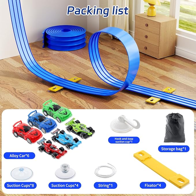 3-Lane Flexible Race Track Toy Set - 16.4 Ft DIY Racetrack with Strong Suction Cups, Portable Roll-Up Car Track for Kids Compatible with 1/64 Diecast Cars