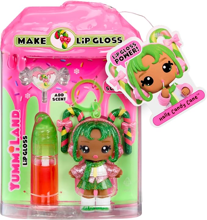 Yummiland x Holiday Lip Gloss Doll - Halle Candy Cane Includes DIY Lip Gloss + Keychain, Cosmetic Play, Seasonal Holiday Collectible, Gift, Ages 4+