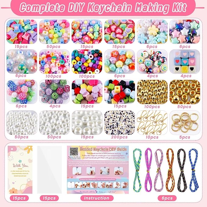 Wurosi 865 Pcs Bead Keychain Kit, DIY Bead Keychain Making Kit, Bag Charm Kit with Acrylic Heart Flower Alphabet Beads Key Chain Supplies for Jewerly Making Kit