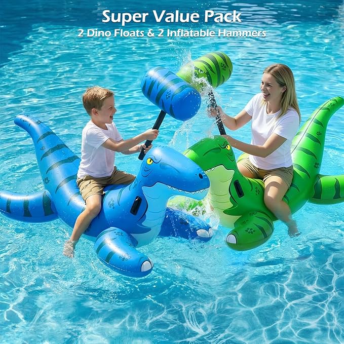 Jasonwell Pool Games Toys Floats -2Pack Inflatable Dinosaur Pool Floats with Blow Up Toy Hammers Ride on Pool Floaties for Kids Teens Adults Lounge Raft Summer Lake Beach Party Decorations