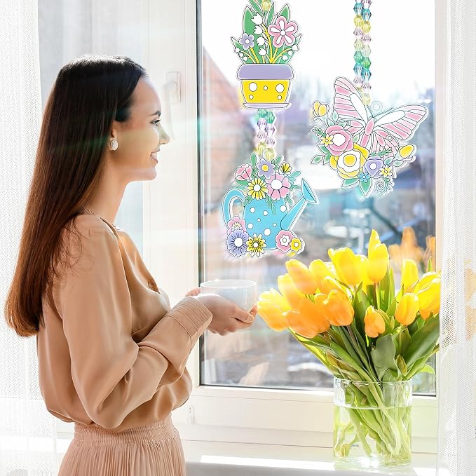 Pasimy 36 Sets Spring Crafts Kits Bulk Spring Suncatchers DIY Paint Your Own Flower Butterfly Gnome Bird Hanging Ornaments Pastel Watercolor Arts Gifts for Classroom Activities Project Window Decor