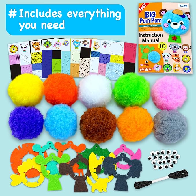 EZCRA Big Pom Pom Animal Craft Kit for Kids Ages 4-8 - DIY Pom Pom Crafts for Girls Boys Toddlers - Make 10 Plush Animals - Mess Free Arts and Crafts Kit
