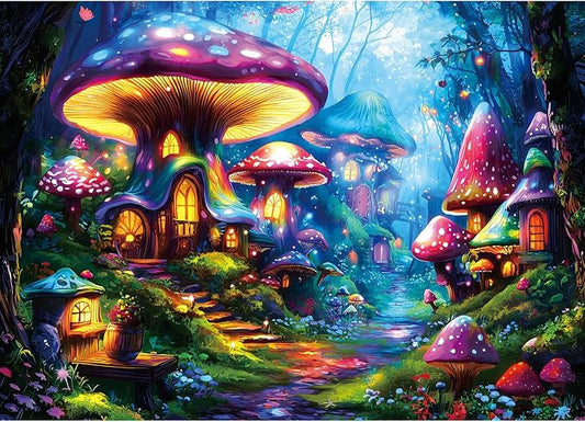 Puzzles for Adults 1000 Pieces Mushroom Village Jigsaw Puzzles Forest Fantasy Night for Challenging Game Adults Seniors Home Decor Great Gift, 27.5 x 19.7 Inch