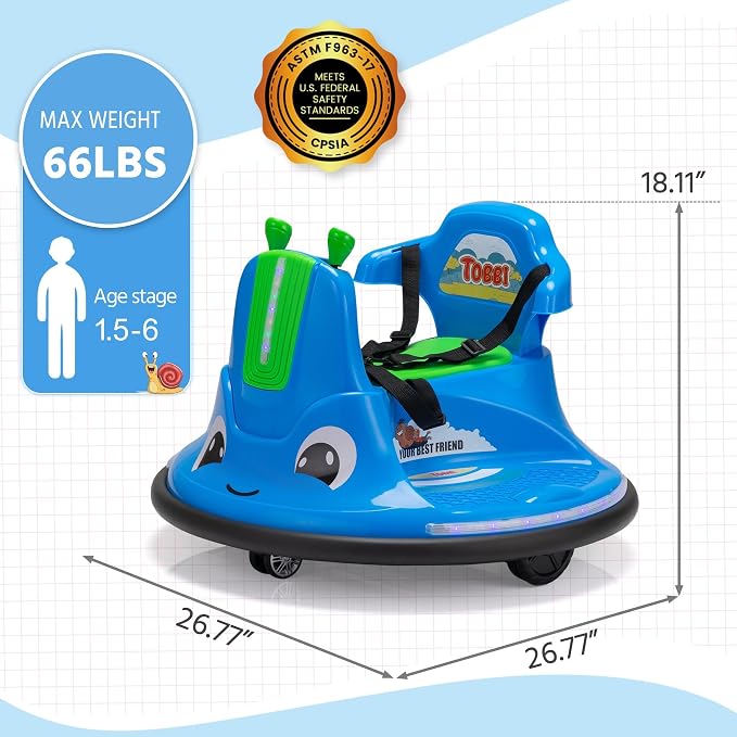 TOBBI Kids Electric Ride On Snail Shape Toy, 12V Battery Powered Toddler Bumper Car with Parent Remote Control/Funny Stickers/360 Degree Spin for Children of Aged 1-6-Azzure