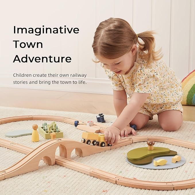 OOOK Multi-Scenario Wooden Train Set,All Wood Accessories Train Set for Toddlers 3 Years Old, Multi-Scenario Train Toy for 3 4 5 Years Old Girls & Boys