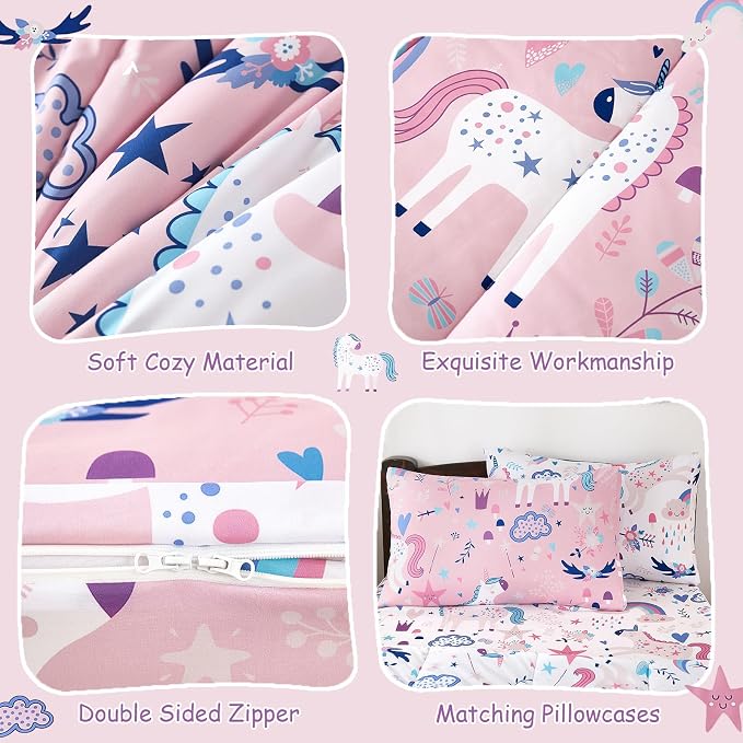 DJY Zipper Bedding Set Full, Pink Unicorn Bedding Sets for Girls, Kids Comforter Set with Fitted Sheet Pillowcases, All in One Zipper Bed Set for All Seasons