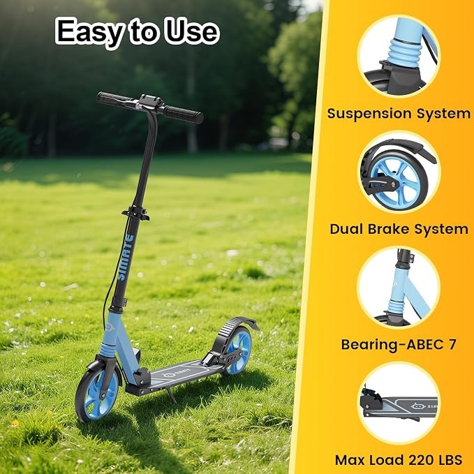 SIMATE Kick Scooter for Kids Teens & Adults, 4 Adjustable Heights, 8IN All Terrain Big Wheels, Dual Brakes & Dual Suspension, Foldable and Lightweight, Gifts for Girls Boys