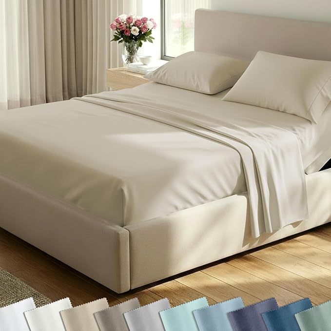 California Design Den Soft 100% Cotton Bed Sheets Split King Size Set, 400 TC Good Housekeeping Award Winner, Silky Smooth Sateen, Breathable Deep Pocket Split King Bedding Set - Beige