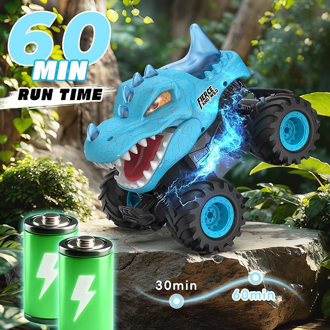 Dinosaur Remote Control Car, 2.4GHz Monster Truck Toys Rechargeable RC Cars 1:24 Scale RC Truck with LED Light Movable Mouth, Dinosaur Cars Toys for Kids Boys 6-8 8-12 Birthday Gift, Blue