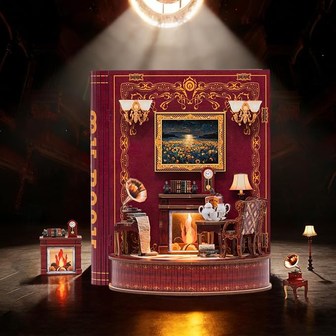 DIY Miniature House Kit,Tiny House Corner Kit Book Nook Kit for Adults,Wooden Puzzle with LED, Halloween/Christmas/Birthday Gifts for Family/Friends,Book Theater