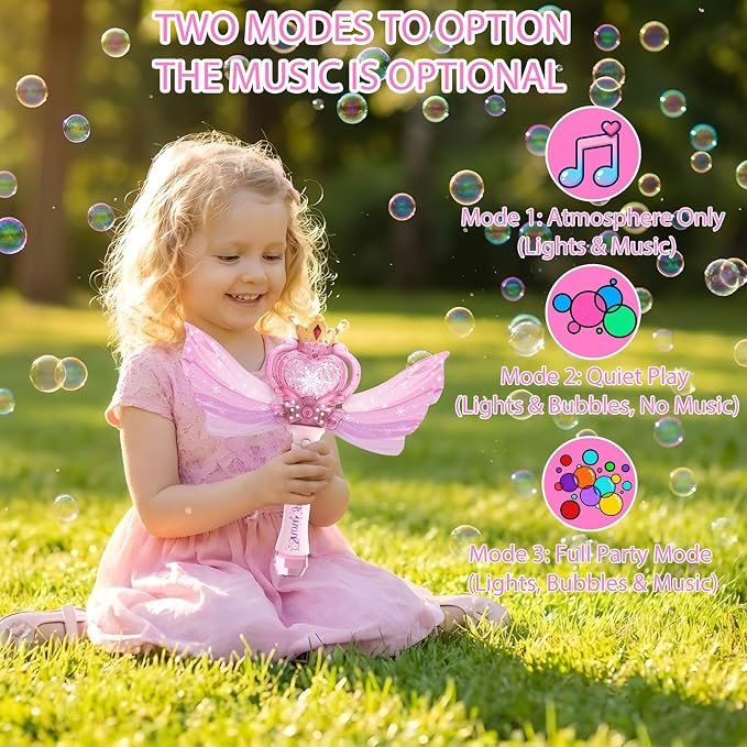 Princess Bubble Wand for Girls 3-12, Large Light Up Bubble Machine with Music, Detachable Sparkly Wings, Handheld Bubble Maker, Birthday Gift for Toddler Kids, Pink (Batteries Not Included)