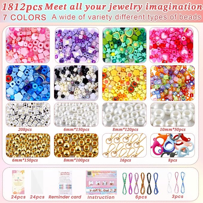 TOHONGADON 1812 Pcs Bead Keychain Making Kit, 7 Color Rainbow Beads Bag Charm Kit, Keychain Making Supplies with Beads, Great for Gifts, Festival, Party, Activity