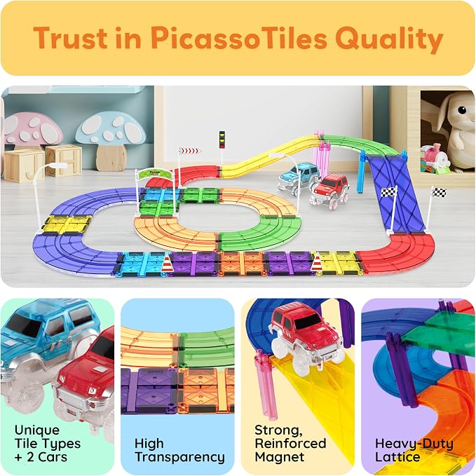 PicassoTiles 45pc Magnetic Tiles Race Track Set With 2 Racing Cars Plus Traffic Accessory Kit STEM Educational Learning Construction Building Magnet Tile Toy For Toddlers Boys Girls Kids Age 3+ PTR451
