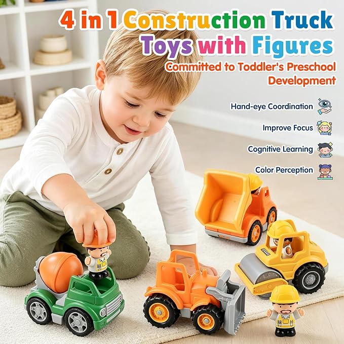 PLAY Recyclable 4 Pcs Construction Truck Toys with 4 Figures for Kids Ages 2 3 4 5 – Dump Truck Vehicle Toy Set, Non-Toxic Toy Car Gift for Toddler Boys and Girls