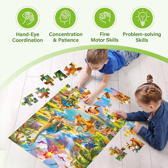 BenBen Floor Puzzles for Kids Ages 4–6, 48 Piece Jumbo 2 x 3 Ft Prehistoric Dino Jigsaw Puzzle, Large Dinosaur Floor Puzzle with Big Pieces, Educational Toy Gift for Boys & Girls