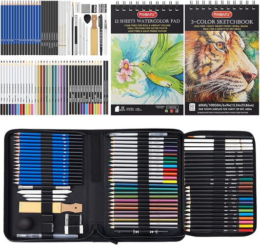 PANDAFLY 80 Drawing Set Sketching Kit, Art Supplies with 3-Color Sketchbook & Watercolor Paper, Include Tutorial, Colored, Graphite, Charcoal, Watercolor & Metallic Pencil, for Beginners & Pro Artists