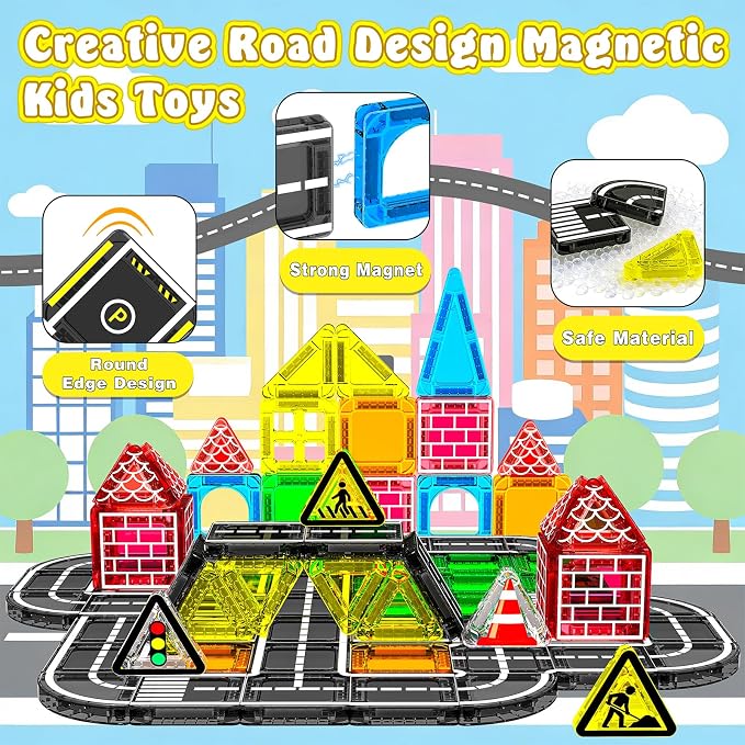 Goodtiles Mini Magnetic Tiles Road Set,STEM Building Toys for Kids Ages 3-8 | Screen-free Travel Toys, Preschool Magnetic Building Blocks, Birthday Gifts for Boys Girls 3+