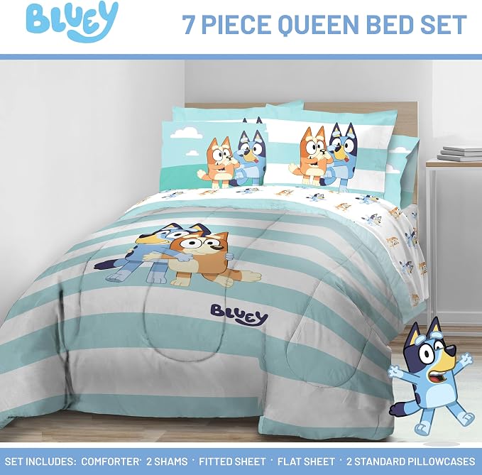 Jay Franco Bluey & Bingo 7 Piece Queen Size Bed Set - Includes Comforter & Sheet Set - Super Soft Kids Bedding Fade Resistant Microfiber