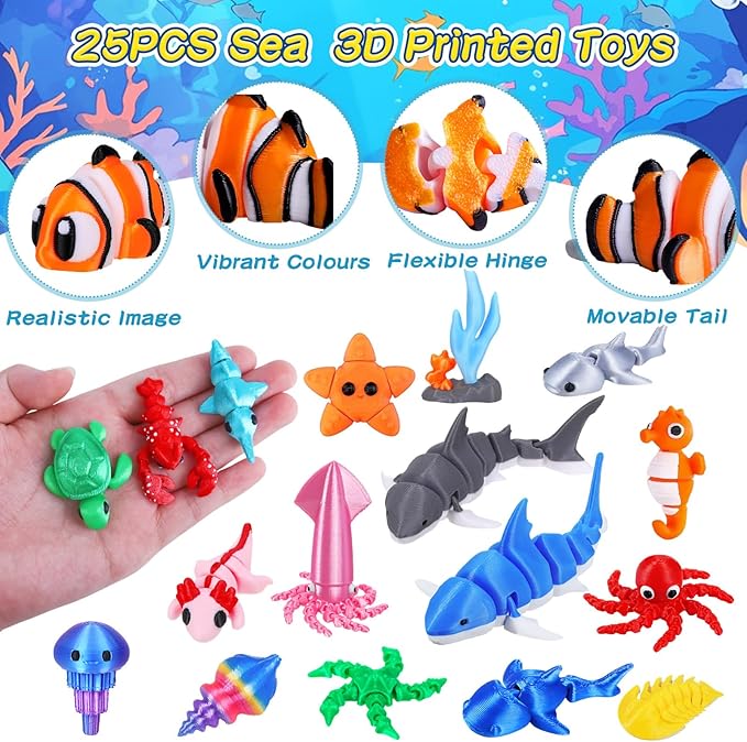ywevyezc 25 Pcs 3D Printed Ocean Animals Set, Flexible Articulated Mini Sea Animal Figurines Fidget Toy Desk Pets, Ideal for Party Favors Birthday Gifts Office Desktop Home Decor