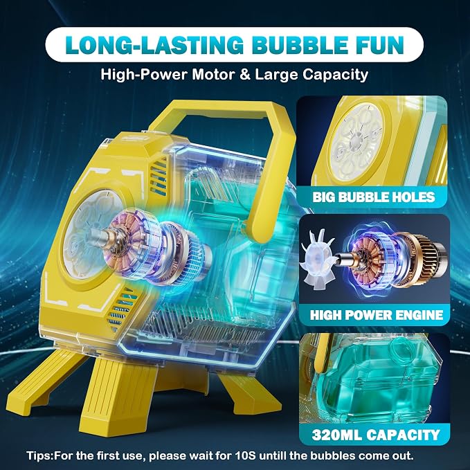 Belemar Bubble Machine for Kids with Lights, 6 Big Bubble Holes, Up to 15,000 Bubbles/Min, 320ml Large Tank, Battery Operated Portable Bubble Blower for Toddlers, Birthday Parties & Outdoor Fun