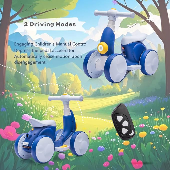 6V Electric Baby Balance Bike for 1 Year Old Boys Girls Ride on Toys 12-36 Months Toddler Balance Bike, 4 Wheels Kids First Bike with Remote Control First Birthday Gifts- Blue