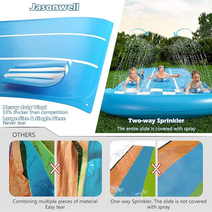 Jasonwell Slip and Water Slide - 20Ft Heavy Duty Lawn Slip Waterslide for Kids Adults with Splash Sprinkler N 3 Bodyboards Backyard Summer Outside Outdoor Water Play Toys (Race-3Lanes)
