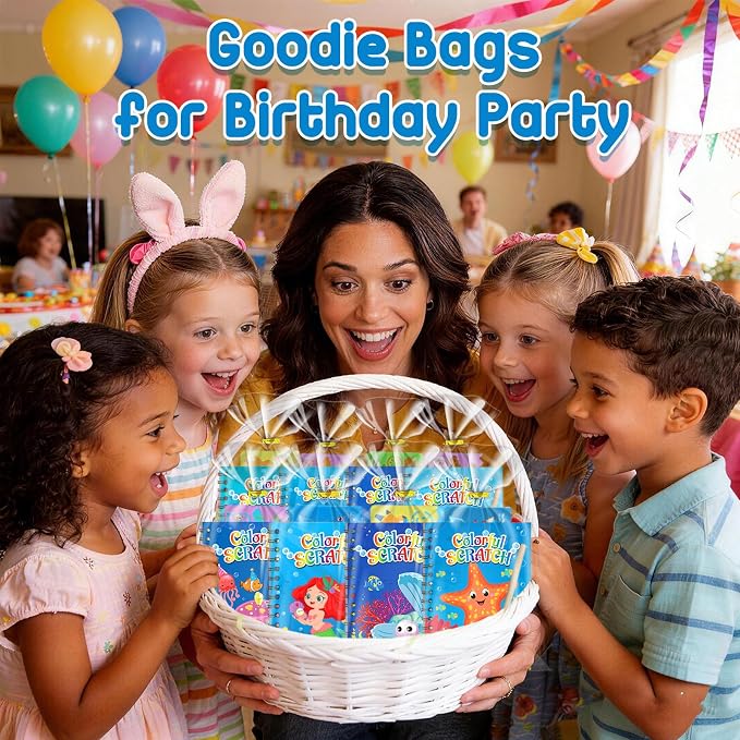 Rainbow Scratch Paper Party Favors: 24 Pack Ocean Rainbow Scratch Notebook, Goodie Bags Stuffers Coloring Books Party Favors for Kids 3-12, Bulk Classroom Birthday Gifts for Student