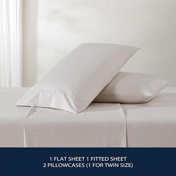 Nautica – Queen Size Sheet Set, Crisp Cotton Percale Bedding with Matching Pillowcases, Lightweight & Breathable Bed Sheets, Deep Pocket, College Dorm Room Essentials (Penny Pinstripe Brown)