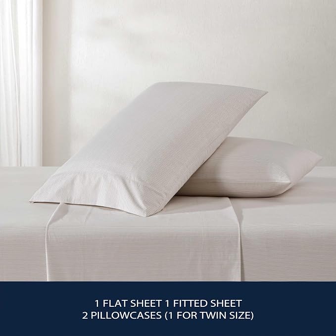 Nautica - Full Bed Sheets, Lightweight Cotton Percale Bedding Set with Matching Pillowcases, Crisp & Cool, Oeko-Tex Certified (Penny Pinstripe Brown)
