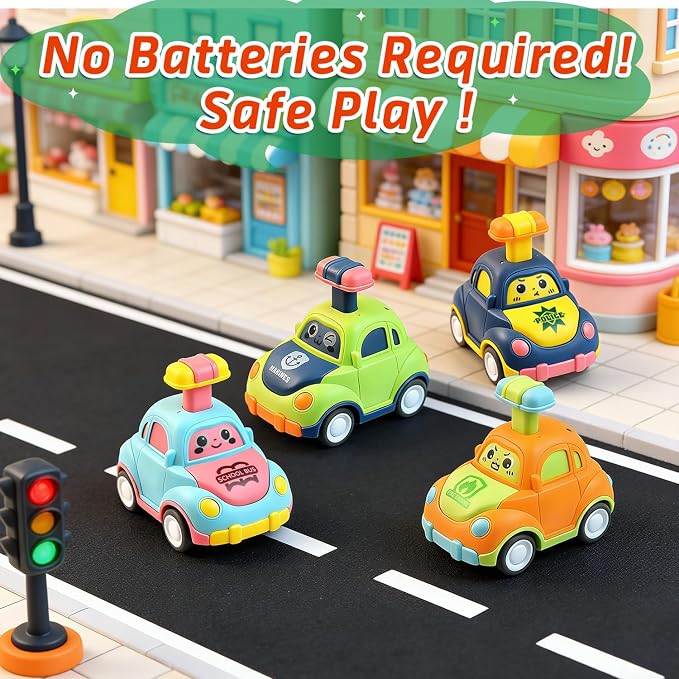 soi-meme 4 Pack Press and Go Car Toys for Toddlers 1-3 Year Old Boys, Easy Push Down Action, Certified CPSC- Learning Cause Effect Toddler Toy, Gifts for 1+ Year Old Baby Boy Girl