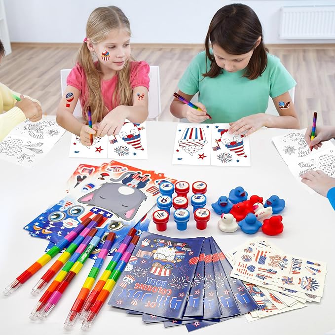 Cinrobiye 72 Pcs Patriotic Activity Set, 4th of July Coloring Books with Crayons, Stickers, Tattoos, Stampers and Mini Duck Accessories for Classroom Activity, Event Supplies and Holiday Gatherings