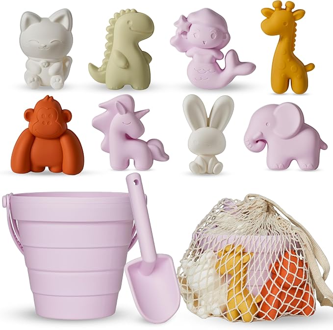 MarcZero 11Pcs Silicone Beach Toys,Collapsible Sand Bucket,Modern Baby Beach Toys,Travel Friendly Beach Set,Silicone Bucket,Shovel,Sand Molds, Beach Bag,Silicone Sand Toys for Toddlers, Kids (Purple)