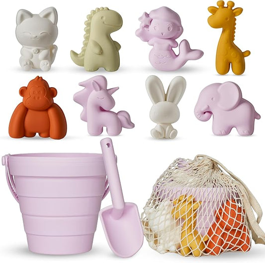 MarcZero 11Pcs Silicone Beach Toys,Collapsible Sand Bucket,Modern Baby Beach Toys,Travel Friendly Beach Set,Silicone Bucket,Shovel,Sand Molds, Beach Bag,Silicone Sand Toys for Toddlers, Kids (Purple)