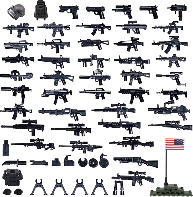 U.S. Second Edition Military Weapons Pack, Military Toy Gun Set for Classic Building Blocks, 50+ Pieces WW2 Army Accessory Combination, Compatible with Major Brands