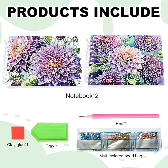 2 Pcs Flower Diamond Painting Notebook 80 Pages for Adults, Dahlia Diamond Art Journal and DIY Sketchbook, Diamonds Art Kit Supplies,Gift for Beginners, Craft Lovers, Artists. (Flower)