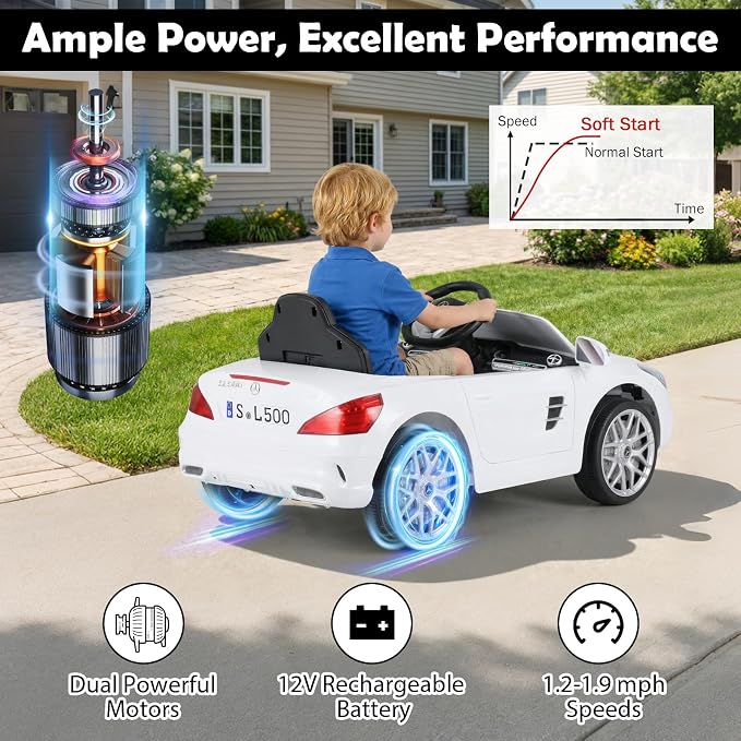 Costzon Ride On Car, 12V Licensed Mercedes Benz Electric Vehicles with Parent Remote Control, LED Headlights, Music & Wireless Connection, Kids Car for Boys Girls Aged 3-8 (SL500,White)