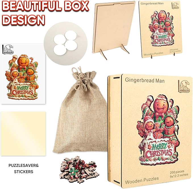 Leodozzio Christmas Wooden Puzzles for Adults & Kids, Gingerbread Family Puzzle 200 Pieces, 5MM Unique Shape Winter Jigsaw Wood Puzzle for Grandkids, Holiday Decoration Gifts, Family Game, 9x12.2 in