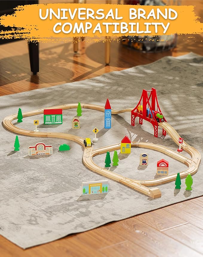SainSmart Jr. Premium Wooden Train Track Set | 52-Piece Expandable 18FT Wood Railway System | Thomas & Brio Compatible with Storage Box | Ideal Gift for Kids 3-7