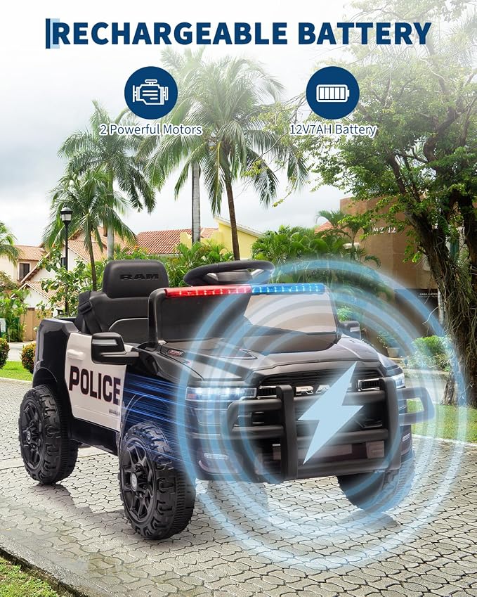 Garvee Kids Ride On Police Cars, Licensed RAM 12V Electric Ride On Police Car w/Remote Control, Electric Pickup Car for Toddlers, Spring Suspension, LED Lights, Music, Ride On Toys for Boys Girls