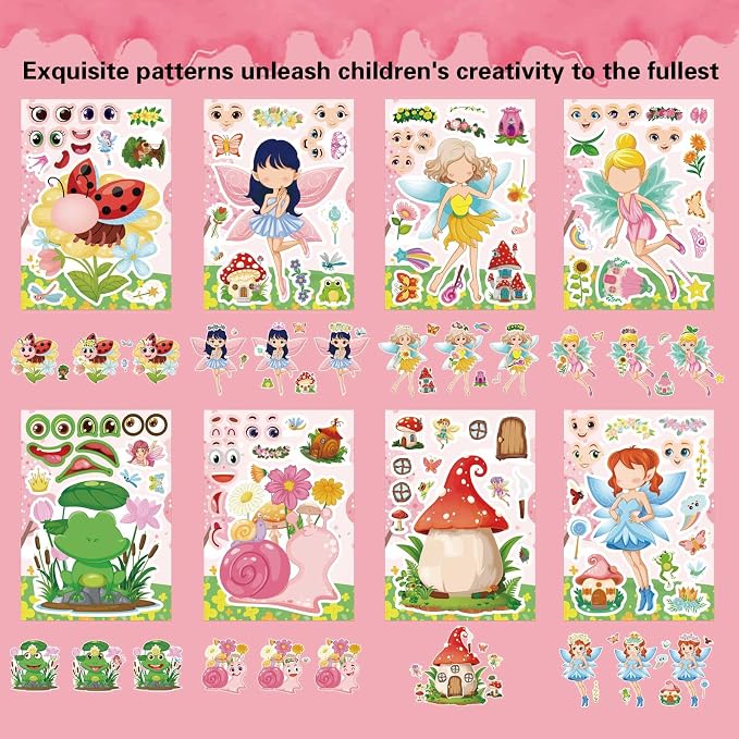 24 PCS Fairy Stickers for Kids, Make a Face Sticker with 8 Unique Designs Fairy, Frog, Mushroom, Make Your Own Stickers for Girls Birthday Party Favors, Goodie Bags, DIY Crafts