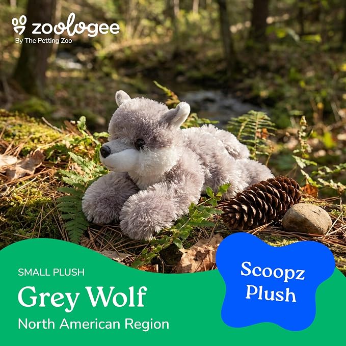 The Petting Zoo Grey Wolf Stuffed Animal Plushie, Gifts for Kids, Scoopz Wildlife Animals, Wolf Plush Toy, 8 inches