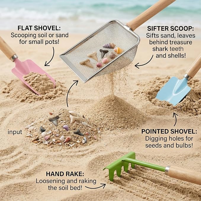 Beach Sand Toys for Kids Toddlers, Beach Mesh Shovel Rake Set with Sifter & Shell Clipping Tongs, Travel Mesh Scooper for Digging, Sifting Collecting Shells, Shark Tooth Sifter Dipper for Boys Girls