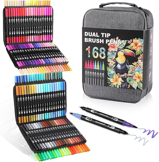 TOSHARE 168 Colors Brush & Fine Dual Tip Watercolor Markers for Adult Coloring Books No Bleeding Paint Pens For Drawing Note Taking Planner Calligraphy Journaling Card Making Back-to-School Supplies