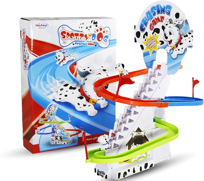 Dalmatian Puppy Slide Toy Set: Playful Stair Climbing Puppies for Chase Fun with Sliding Tracks, Music On/Off Switch for Quiet Play | Interactive Puppy Toy for Kids Toddlers Boys & Girls