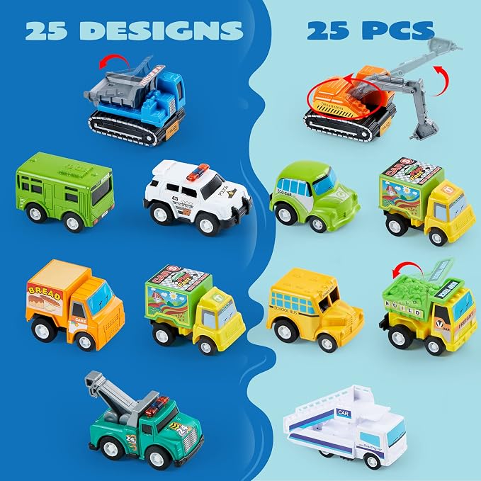 JOYIN 25 Pieces Pull Back Cars and Trucks Toy Vehicles Set for Toddlers, Girls and Boys Kids Play Set, Party Favors, School Gifts, Goodie Bags Stuffers for Kids