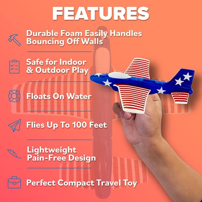 Airplane Toy for Kids: Stars & Stripes Foam Glider Plane Toy For Boys & Girls - USA Flag Design Gifts for Boys & Girls, Airplane Toy American Flag Model Color Airplanes for Outdoor Party Favor Toys