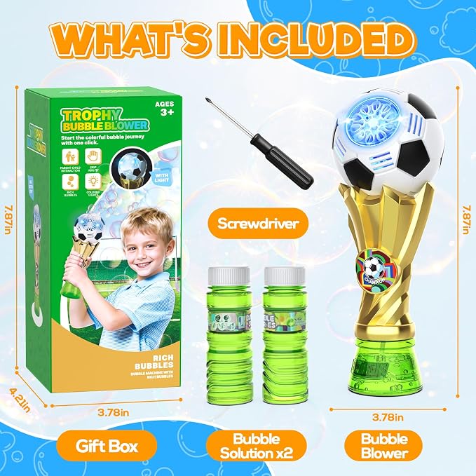 FUNBZO Bubble Machine for Kids - Soccer Trophy Bubble Wand with 2 Solution Refill, Automatic Bubble Blower, Bubbles Maker Blaster Outdoor Toys, 2026 Merchandise Birthday Gift for Boys Girls 3+