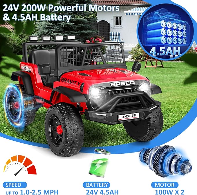 Hikole 24V Ride On Toys for Big Kids, 24V Power Wheels Truck with Remote Control, 3 Speed, Bluetooth, Music, Soft Start, Spring Suspension, LED Light, Electric Cars for Kids Boys Girls 3-5, Red