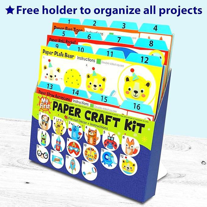 KRAFUN Safari Animal Beginner Paper Craft Kit for Kids Age 3+ | 16 Projects | 16 projects with paper bags, plates & rolls. Lion, Tiger, Giraffe & Elephant themes. Activity for boys & girls